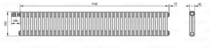 Схема (чертеж) Радиатор Zehnder Charleston 2035/38 №V012 Белый глянцевый RAL 9016